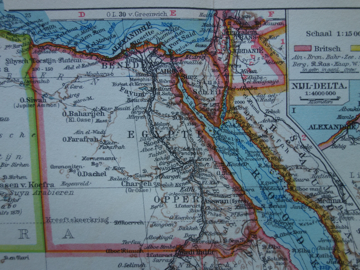 EGYPTE vintage Nederlandse kaart van Noordoost-Afrika uit 1932 met Suezkanaal Caïro Nijldelta landkaart - originele oude kaarten