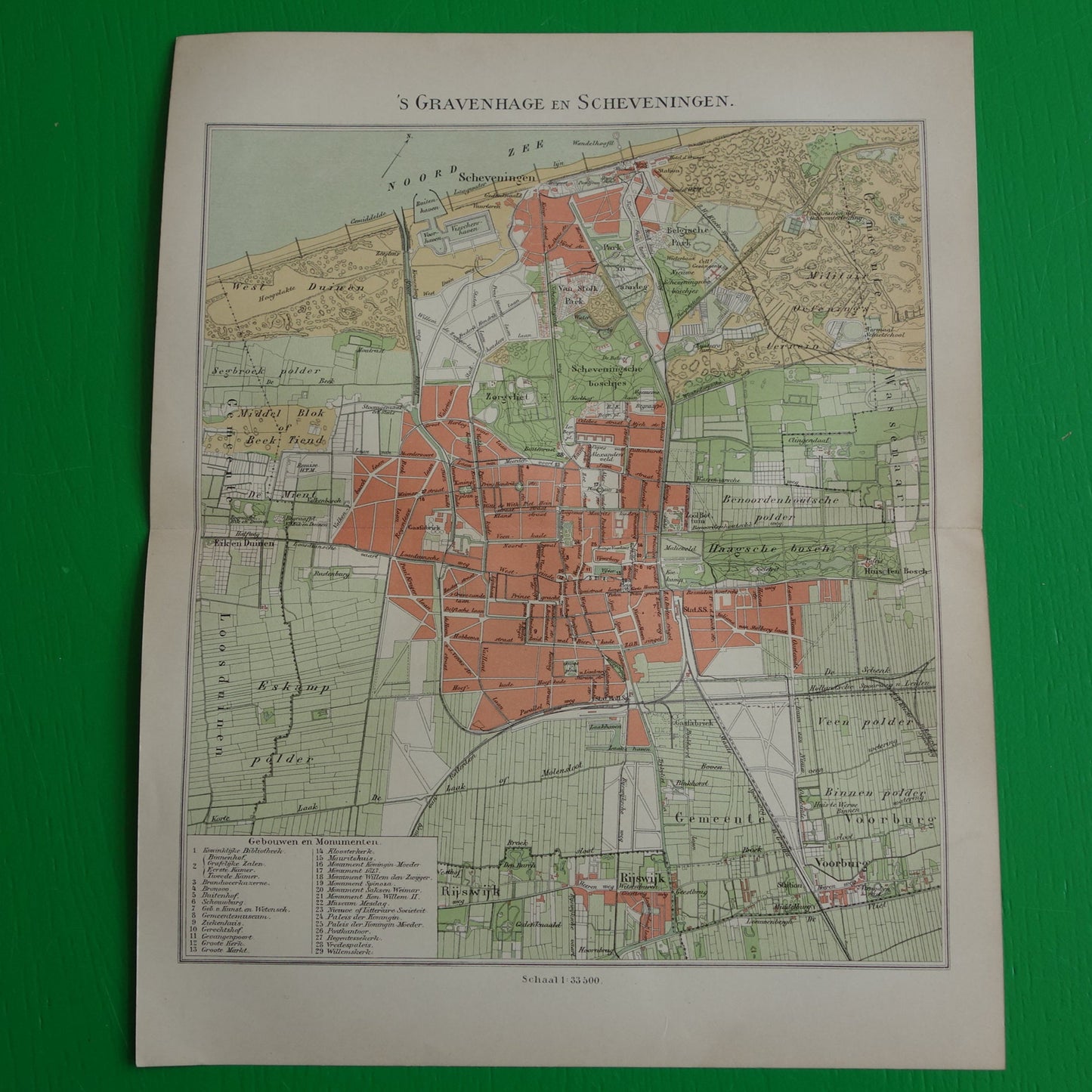 DEN HAAG oude kaart van 's Gravenhage en Scheveningen uit 1908 originele antieke plattegrond vintage landkaart