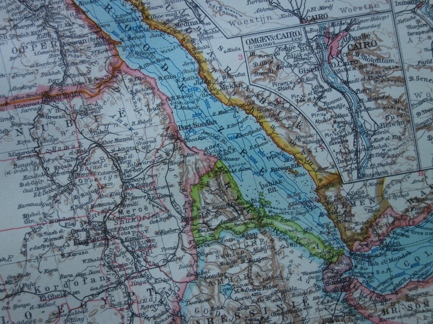 EGYPTE vintage Nederlandse kaart van Noordoost-Afrika uit 1932 met Suezkanaal Caïro Nijldelta landkaart - originele oude kaarten