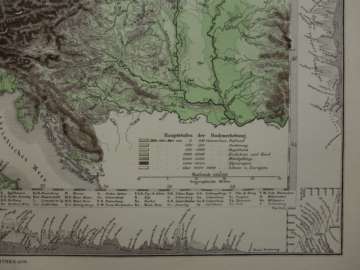 GERMANY old map of Central Europe and Germany in 1876 original antique relief map Alps Mountains Rivers Geology with year for sale