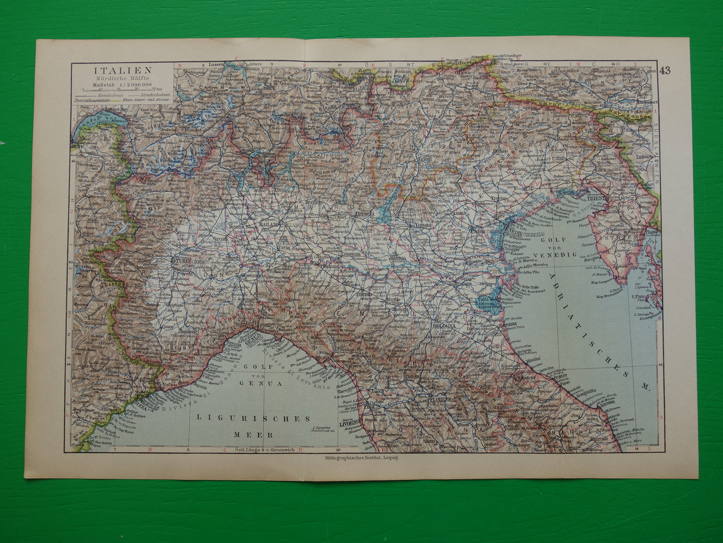 Oude landkaart van Noord-ITALIË uit 1928 originele vintage kaart Florence Venetië Milaan historische kaarten