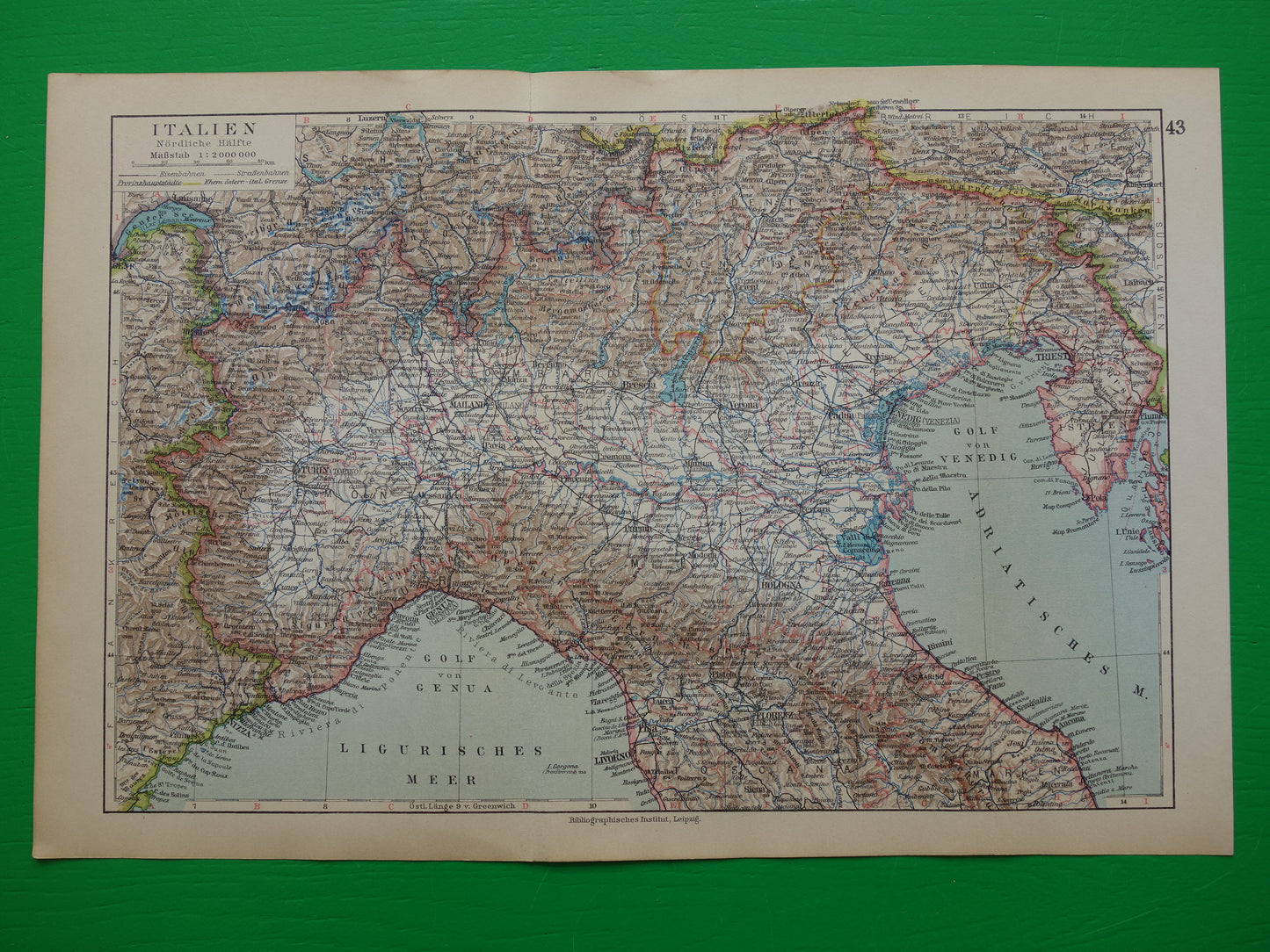 Oude landkaart van Noord-ITALIË uit 1928 originele vintage kaart Florence Venetië Milaan historische kaarten
