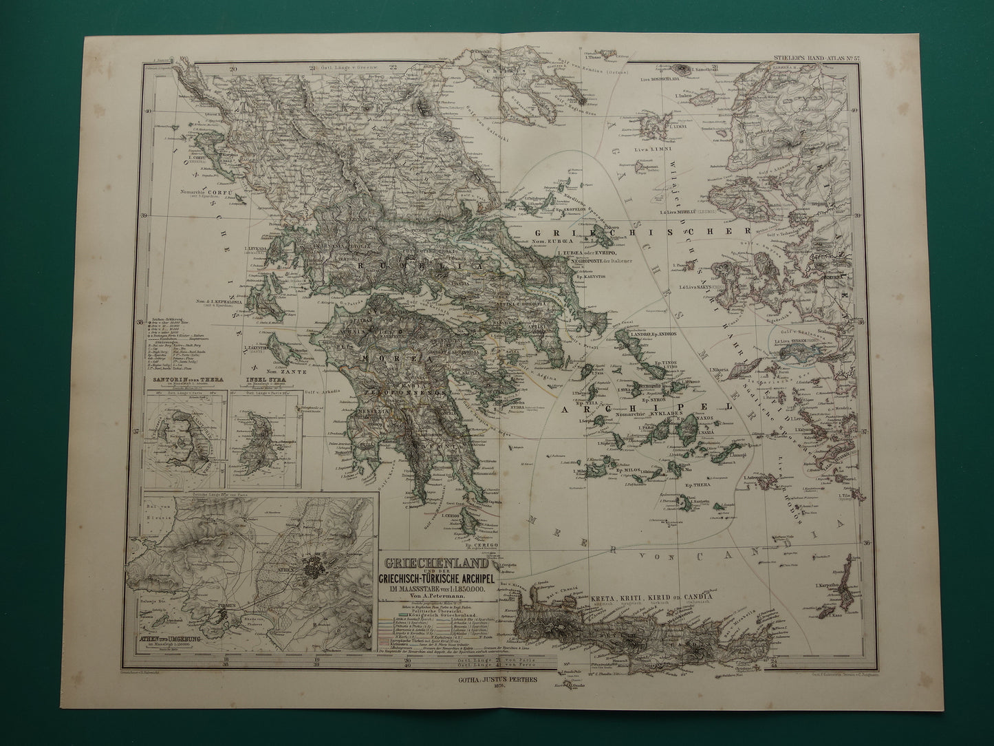 145+ jaar oude landkaart van Griekenland originele antieke kaart uit 1876 vintage kaarten Athene Piraeus