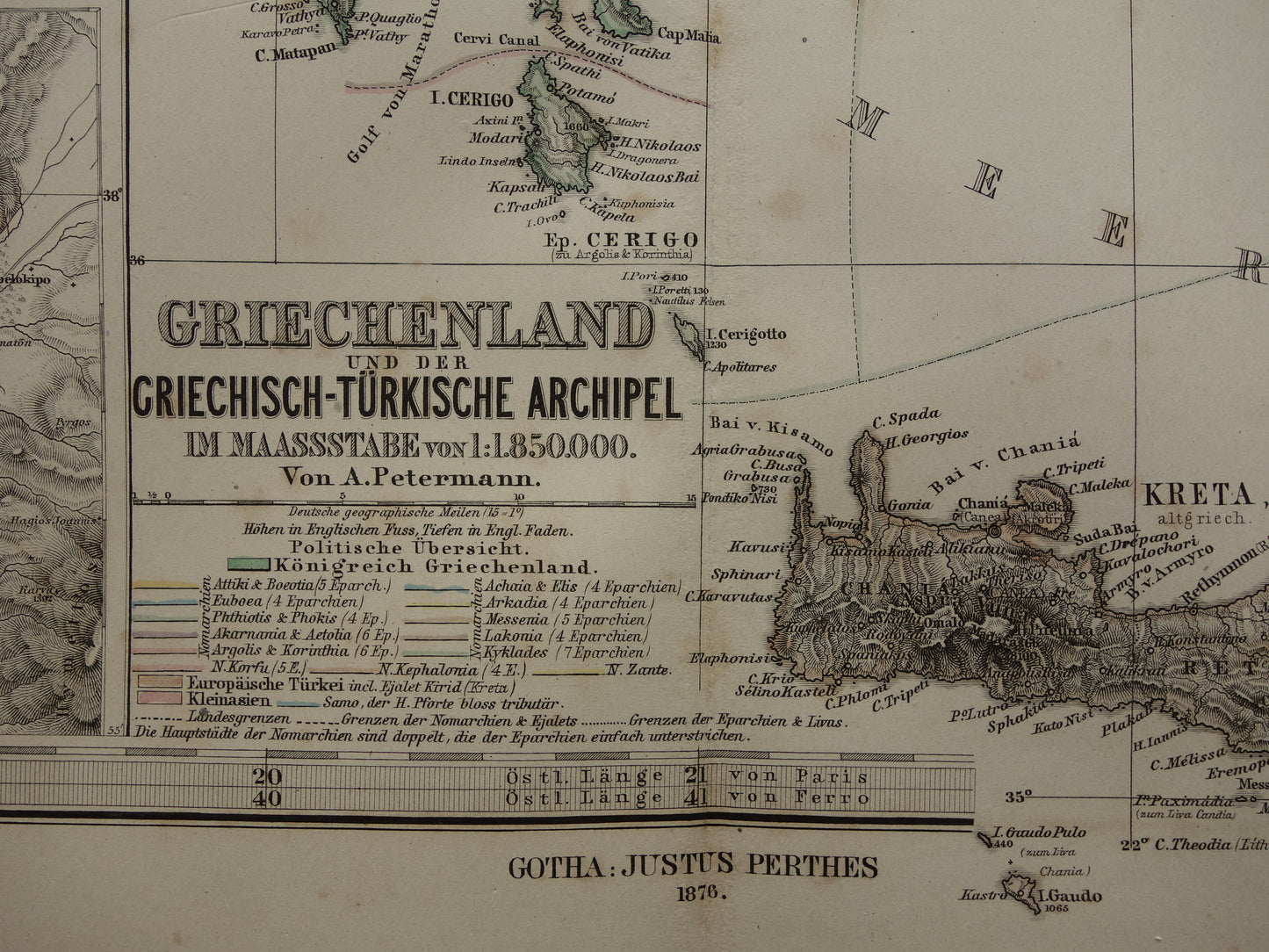 145+ jaar oude landkaart van Griekenland originele antieke kaart uit 1876 vintage kaarten Athene Piraeus