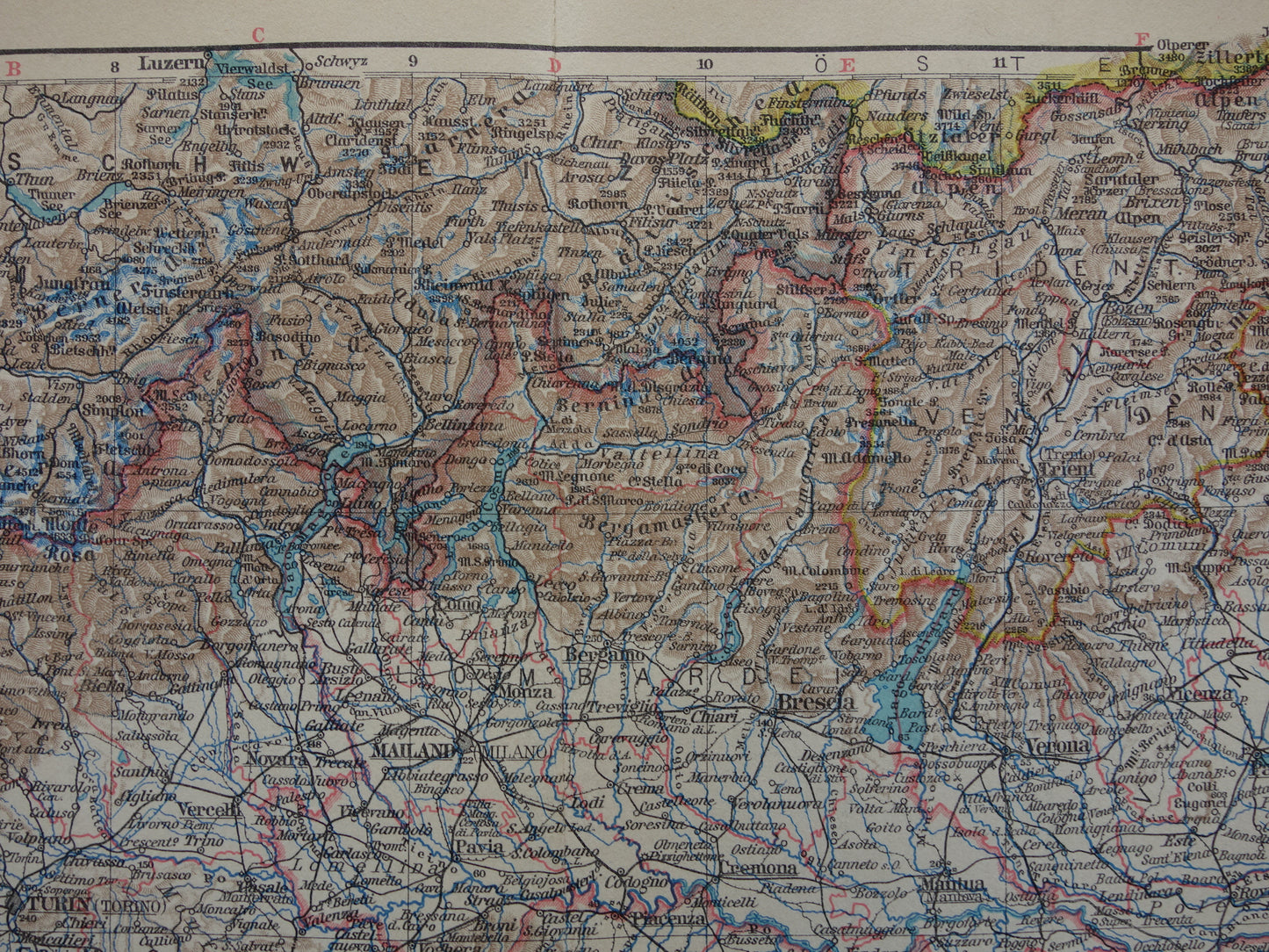 Oude landkaart van Noord-ITALIË uit 1928 originele vintage kaart Florence Venetië Milaan historische kaarten