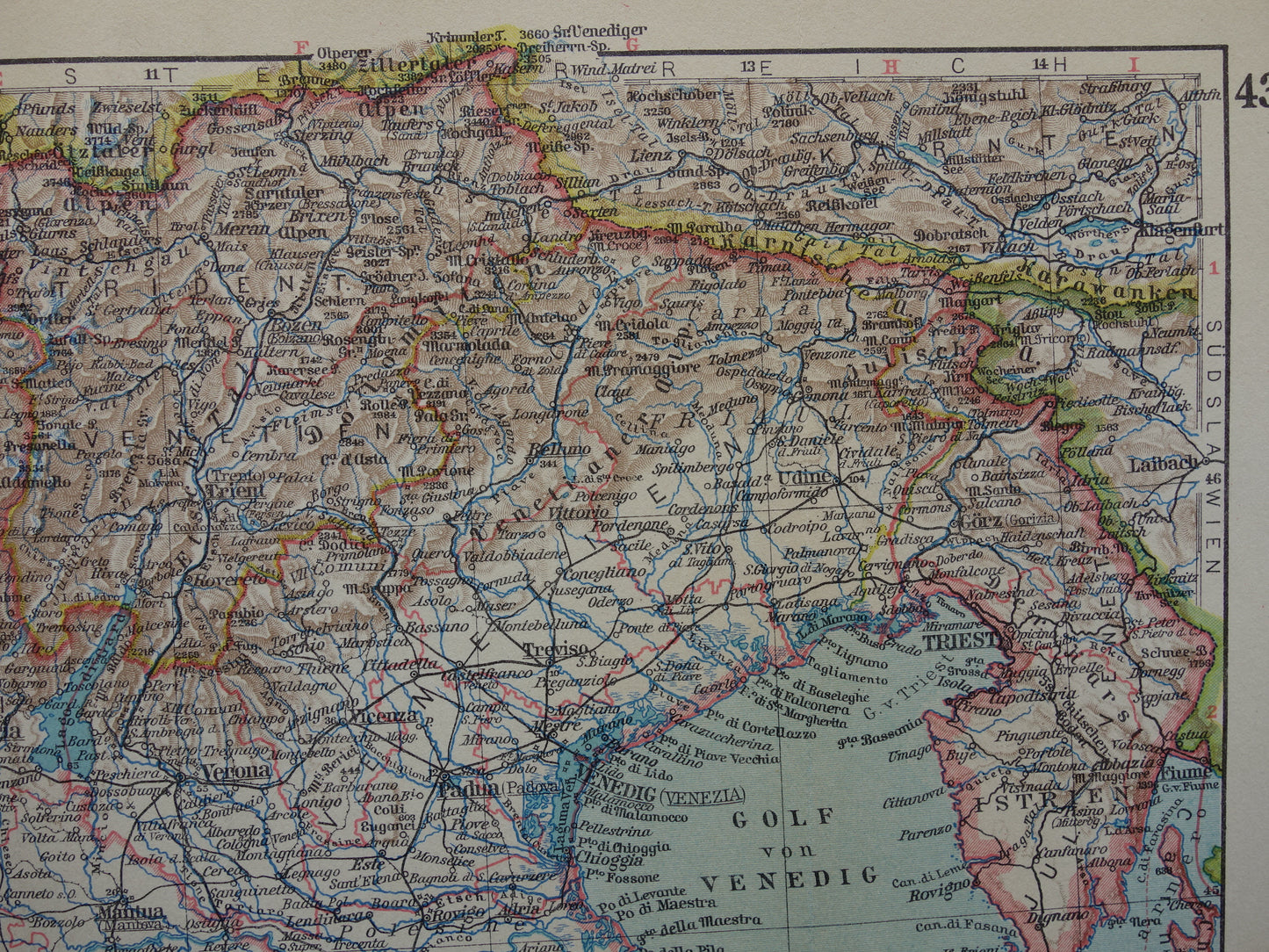 Oude landkaart van Noord-ITALIË uit 1928 originele vintage kaart Florence Venetië Milaan historische kaarten