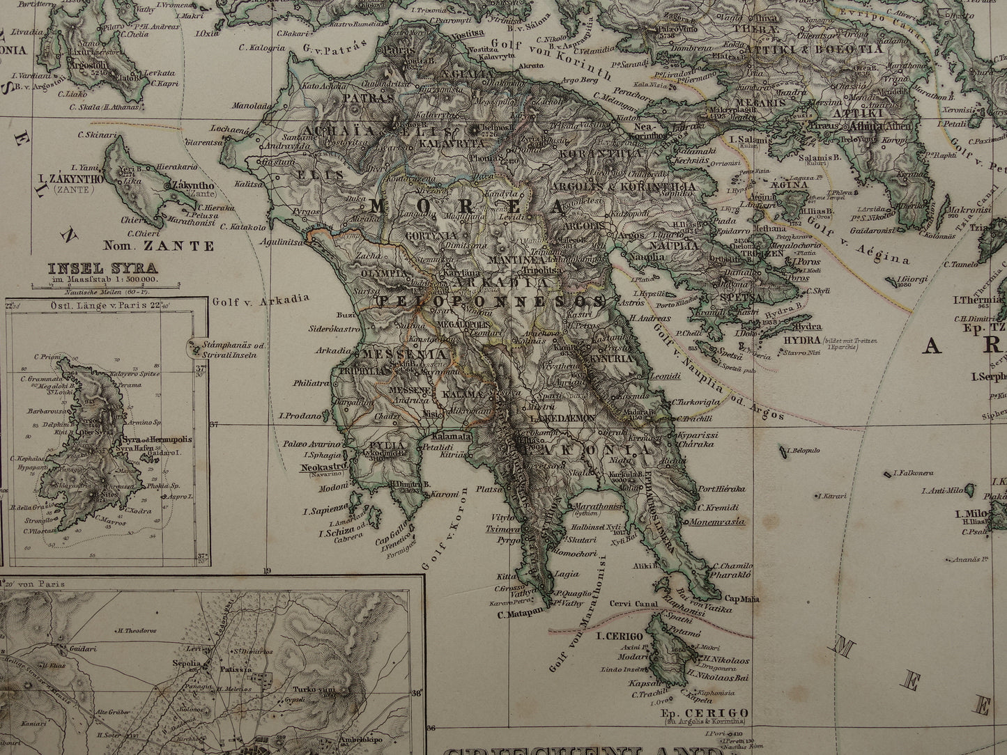 145+ jaar oude landkaart van Griekenland originele antieke kaart uit 1876 vintage kaarten Athene Piraeus