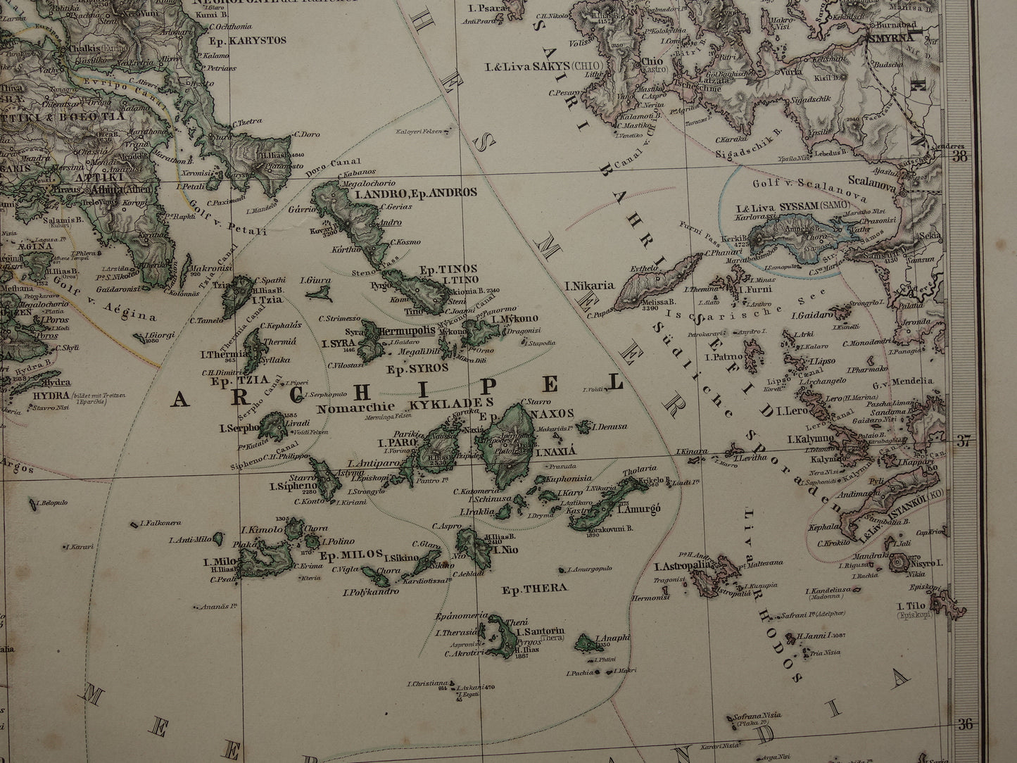 145+ jaar oude landkaart van Griekenland originele antieke kaart uit 1876 vintage kaarten Athene Piraeus