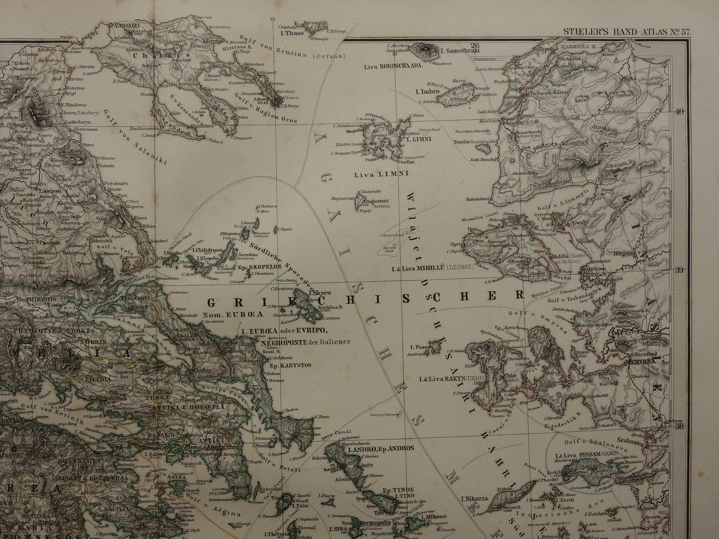 145+ jaar oude landkaart van Griekenland originele antieke kaart uit 1876 vintage kaarten Athene Piraeus
