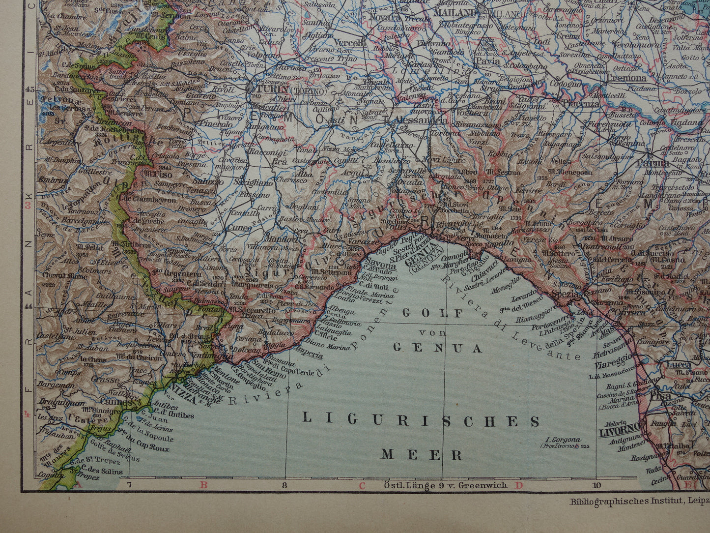 Oude landkaart van Noord-ITALIË uit 1928 originele vintage kaart Florence Venetië Milaan historische kaarten