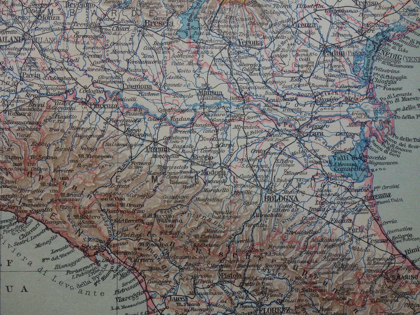 Oude landkaart van Noord-ITALIË uit 1928 originele vintage kaart Florence Venetië Milaan historische kaarten
