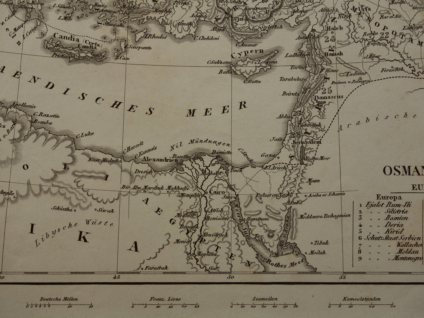 OSMAANSE RIJK Oude landkaart van Turkije uit 1849 historische kaart Ottomaanse Rijk z/w
