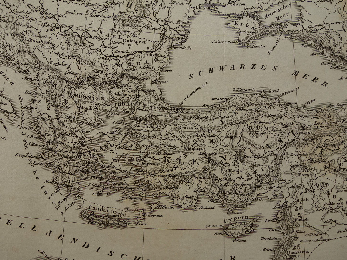 OSMAANSE RIJK Oude landkaart van Turkije uit 1849 historische kaart Ottomaanse Rijk z/w