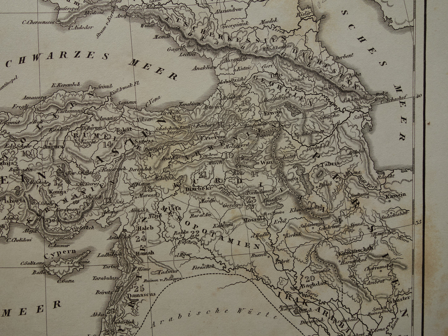 OSMAANSE RIJK Oude landkaart van Turkije uit 1849 historische kaart Ottomaanse Rijk z/w