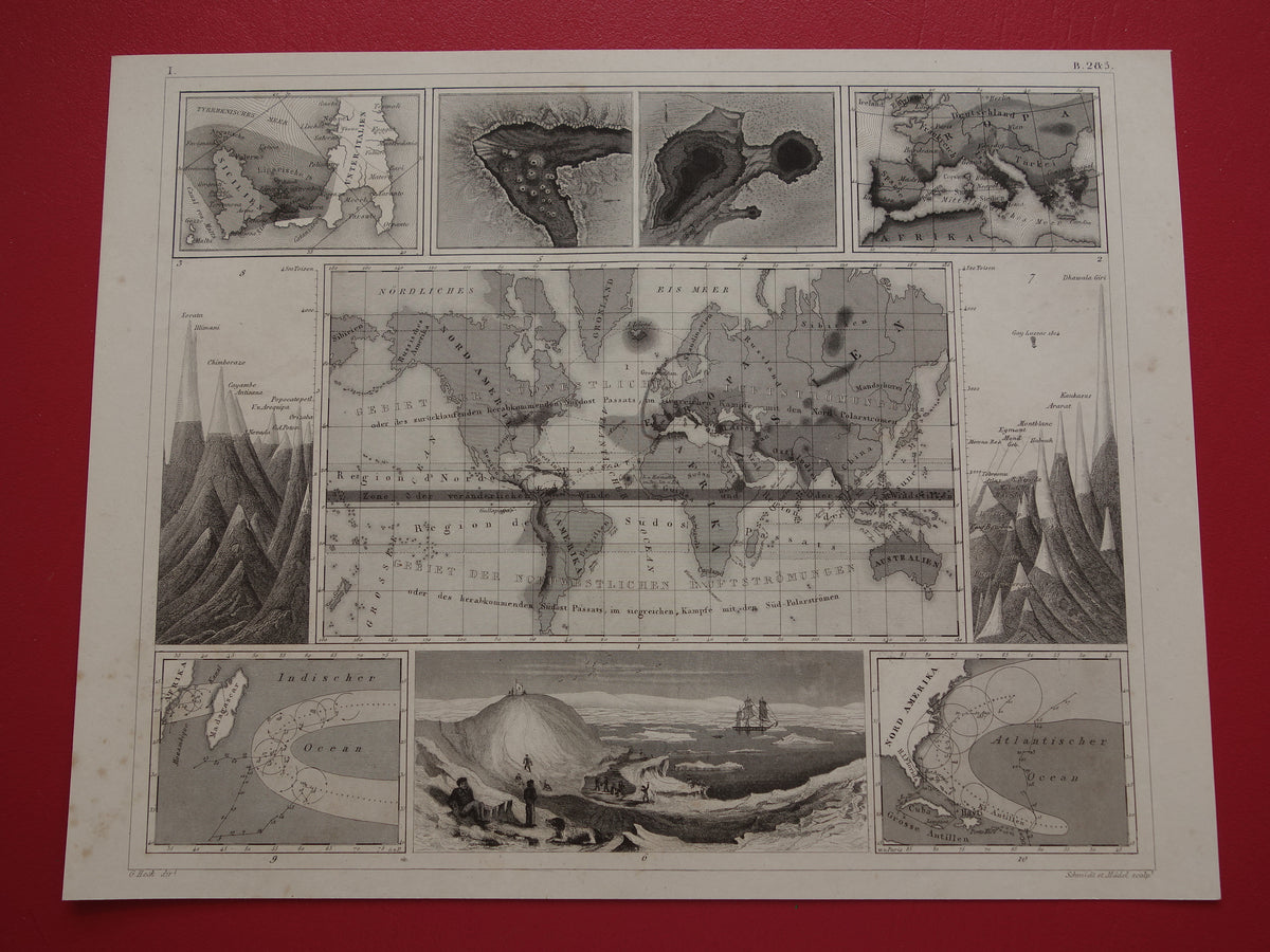 Antique WORLD MAP old map of the World from 1849 about volcanoes seismology mountain tops mountains