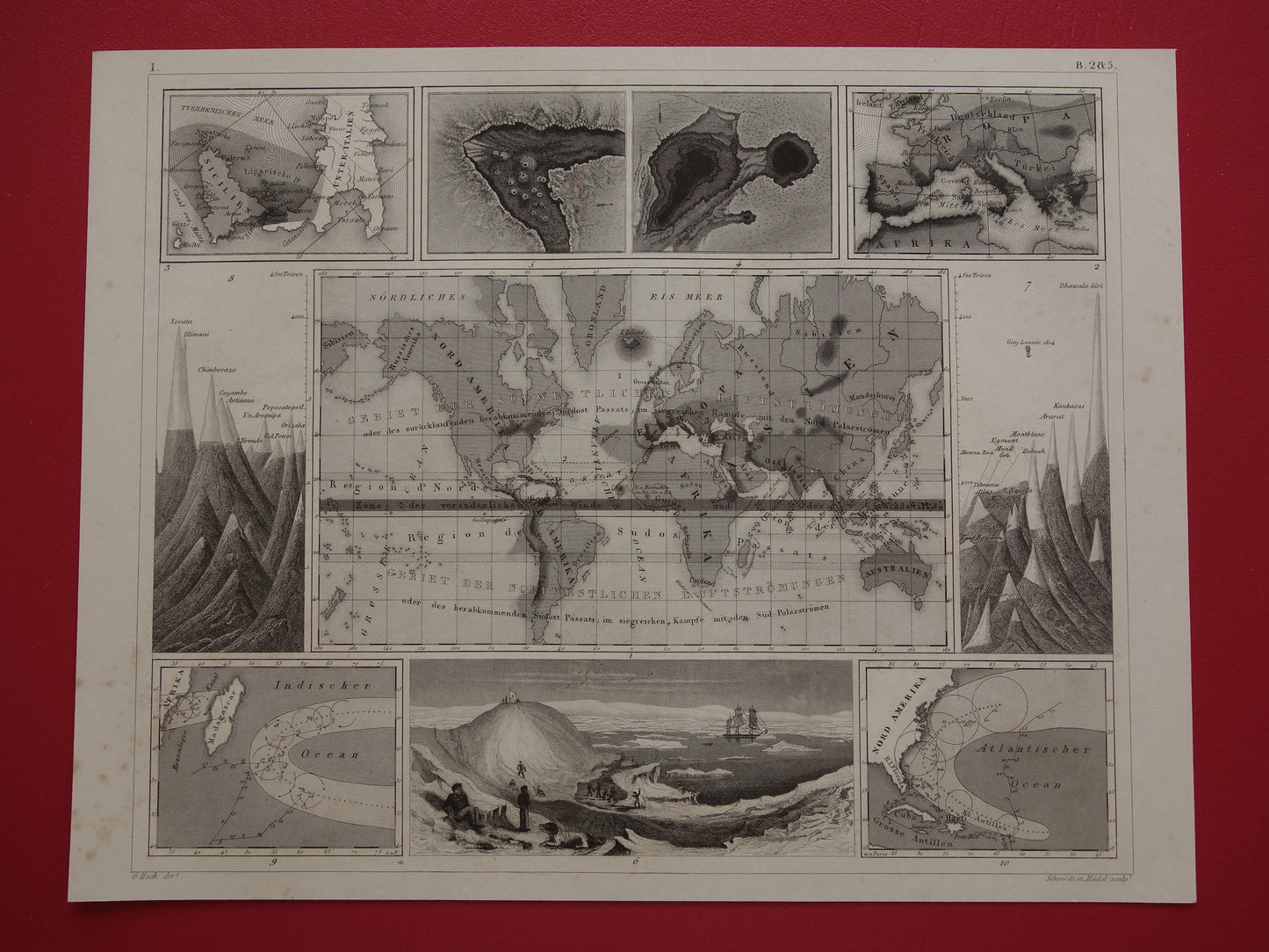 Antique WORLD MAP old map of the World from 1849 about volcanoes seismology mountain tops mountains