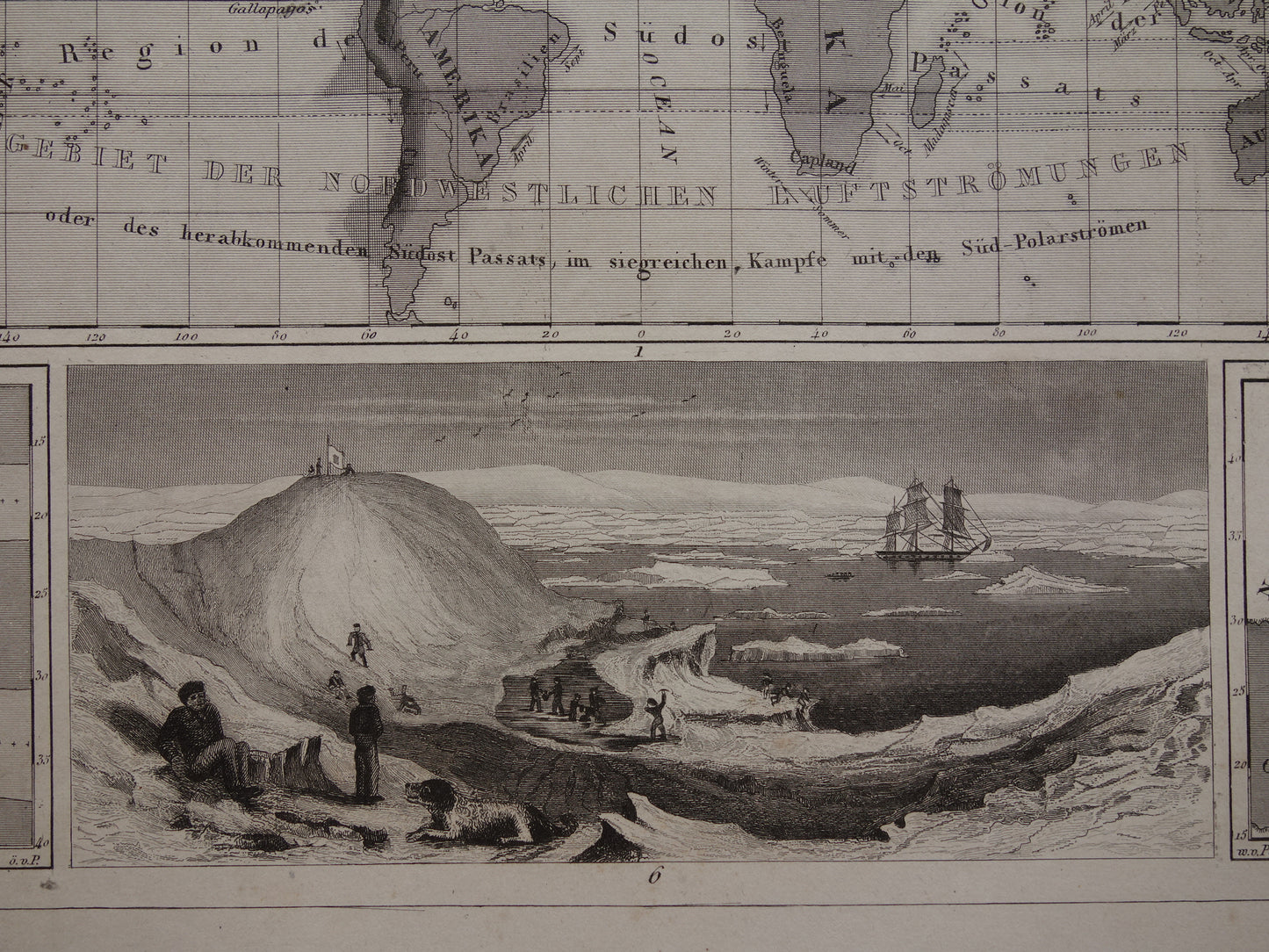 Antique WORLD MAP old map of the World from 1849 about volcanoes seismology mountain tops mountains
