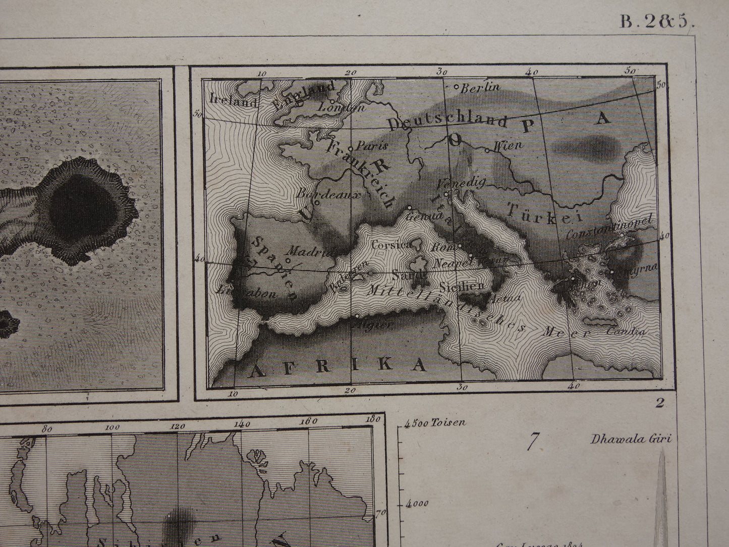 Antique WORLD MAP old map of the World from 1849 about volcanoes seismology mountain tops mountains