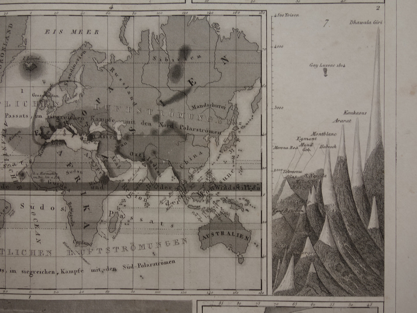 Antique WORLD MAP old map of the World from 1849 about volcanoes seismology mountain tops mountains