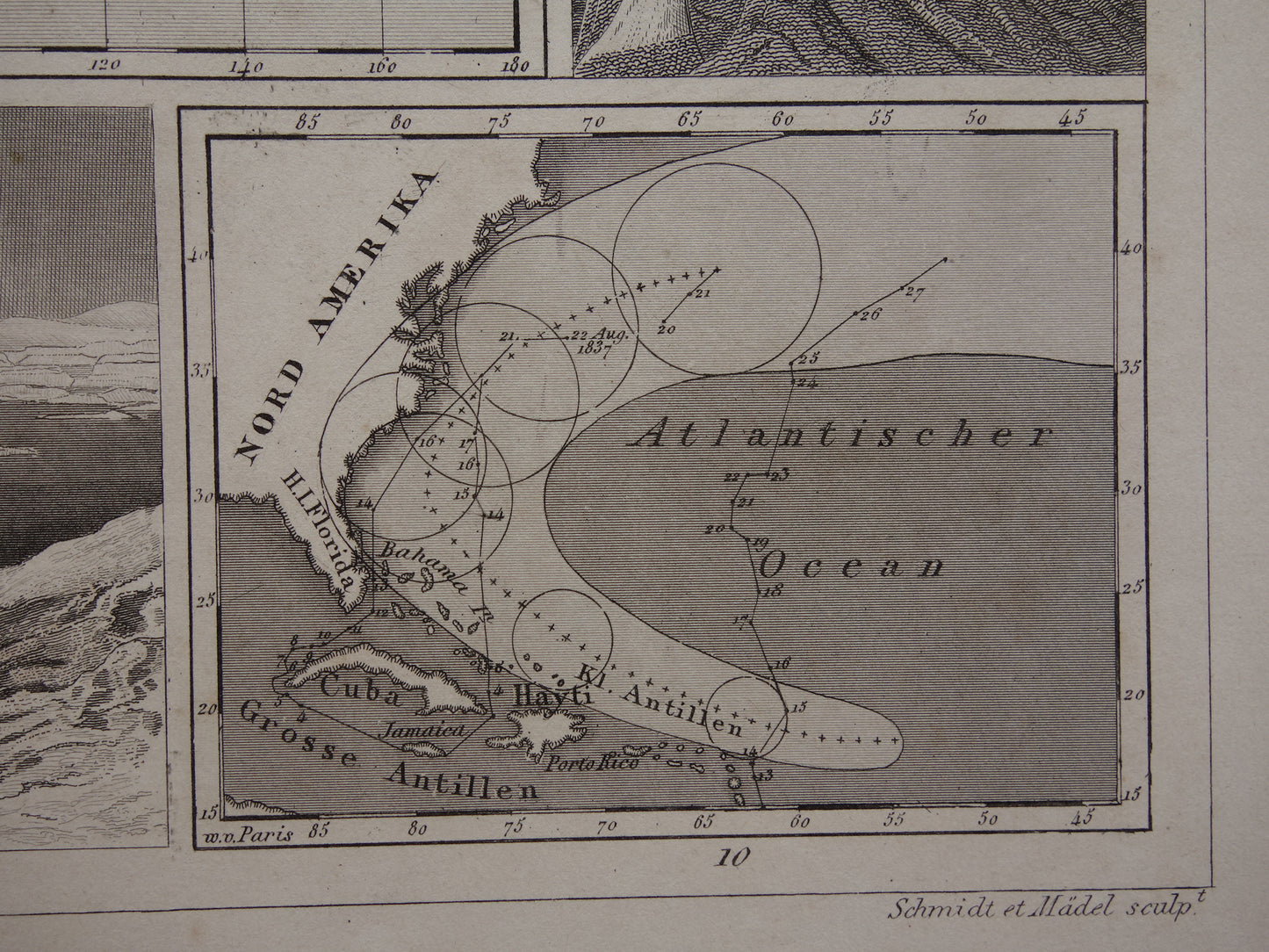 Antieke WERELDKAART oude kaart van de Wereld uit 1849 over vulkanen seismologie bergtoppen bergen