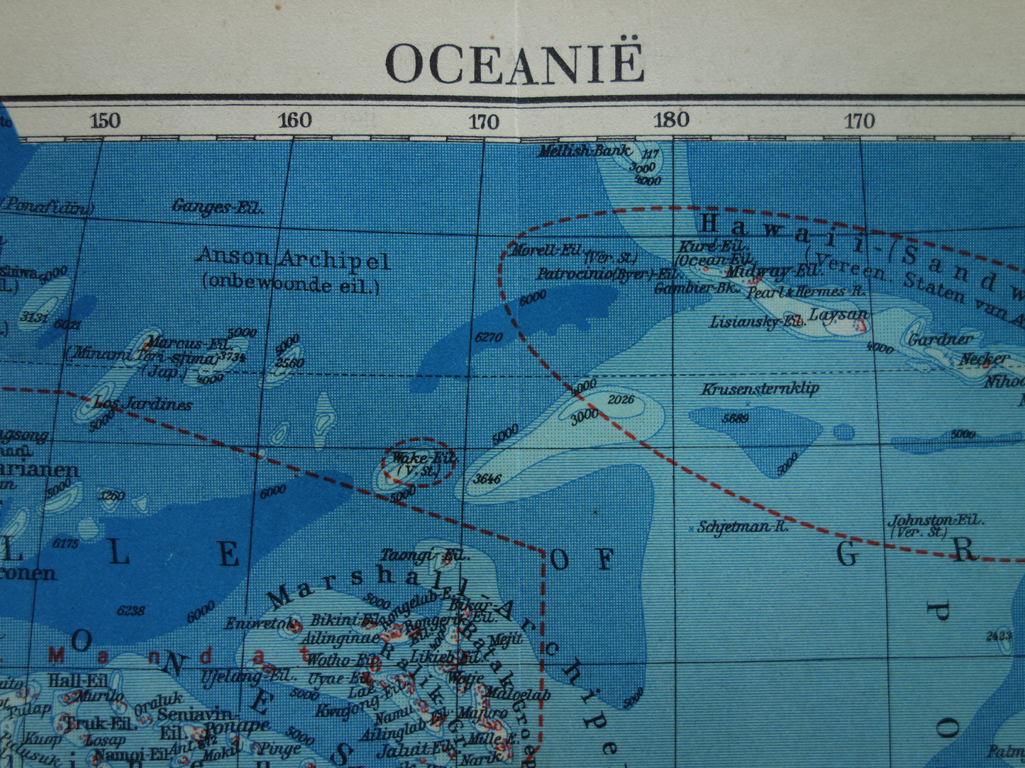 Oude landkaart van Oceanië 1937 originele Nederlandse vintage kaart van Australië Indonesië Polynesië Nieuw-Zeeland