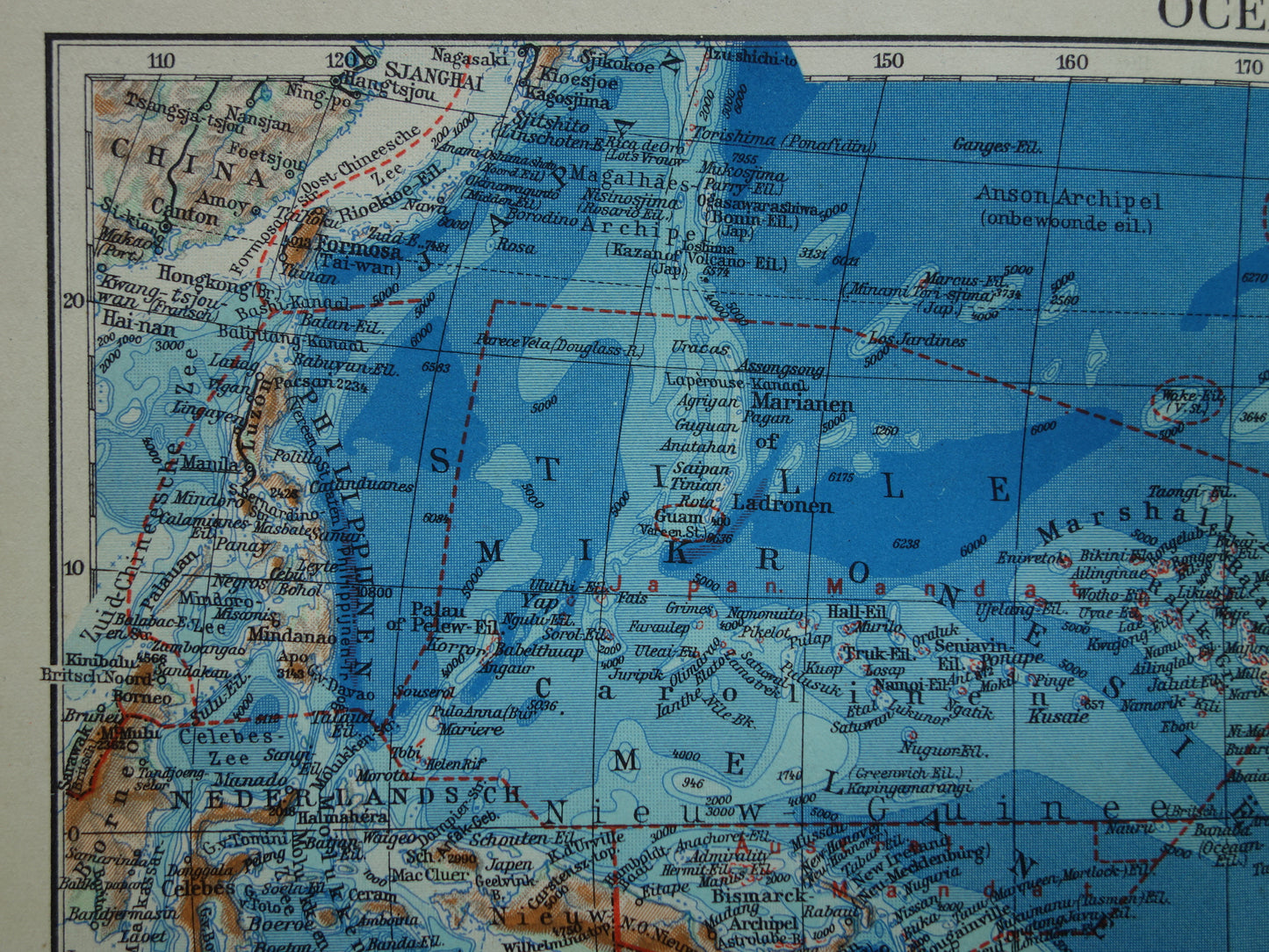Oude landkaart van Oceanië 1937 originele Nederlandse vintage kaart van Australië Indonesië Polynesië Nieuw-Zeeland