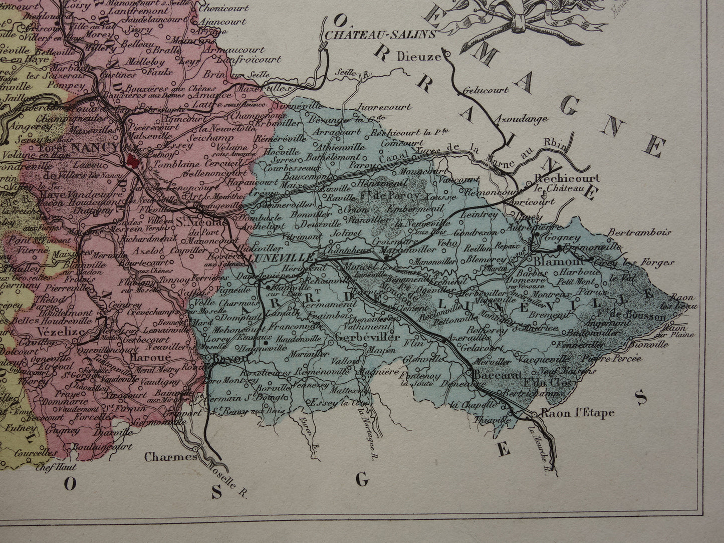 Meurthe-et-Moselle Oude Kaart van departement in Frankrijk uit 1874 originele antieke handgekleurde landkaart Nancy