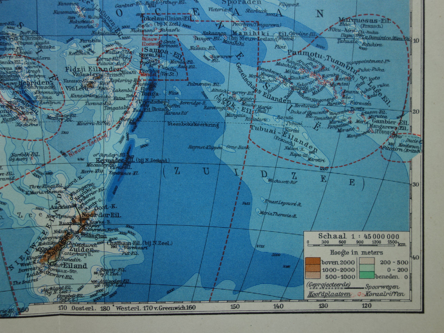 Oude landkaart van Oceanië 1937 originele Nederlandse vintage kaart van Australië Indonesië Polynesië Nieuw-Zeeland