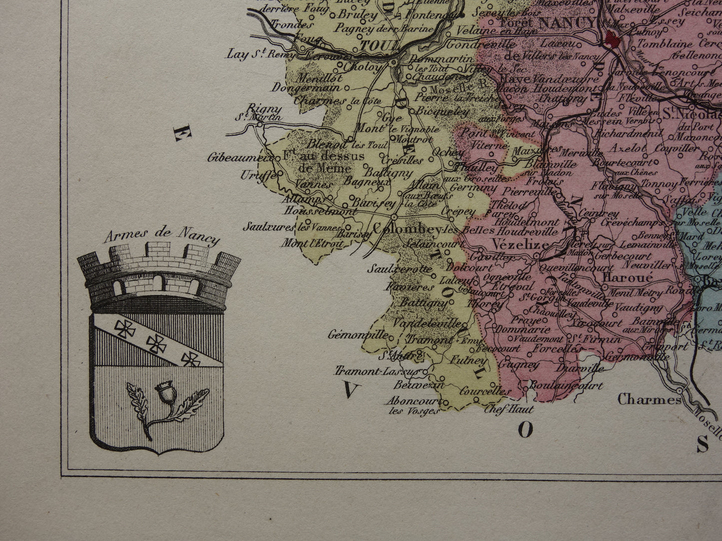 Meurthe-et-Moselle Oude Kaart van departement in Frankrijk uit 1874 originele antieke handgekleurde landkaart Nancy