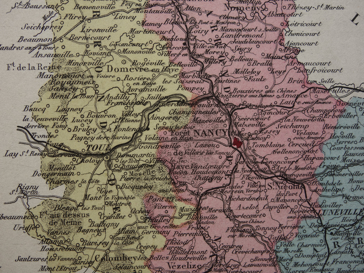 Meurthe-et-Moselle Oude Kaart van departement in Frankrijk uit 1874 originele antieke handgekleurde landkaart Nancy