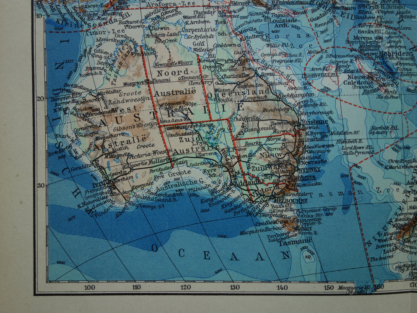 Oude landkaart van Oceanië 1937 originele Nederlandse vintage kaart van Australië Indonesië Polynesië Nieuw-Zeeland