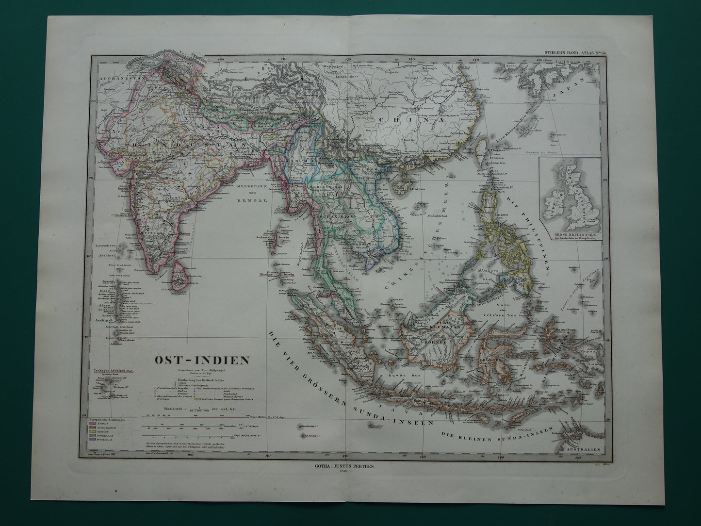 INDONESIË oude kaart van zuidoost Azië in 1876 originele antieke landkaart India Filipijnen Thailand Vietnam vintage poster
