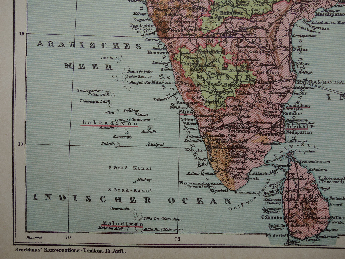 INDIA oude gedetailleerde kaart van India uit 1905 originele vintage landkaart