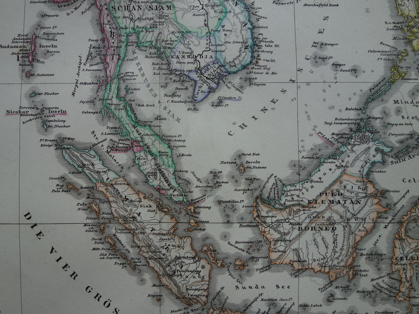 INDONESIË oude kaart van zuidoost Azië in 1876 originele antieke landkaart India Filipijnen Thailand Vietnam vintage poster