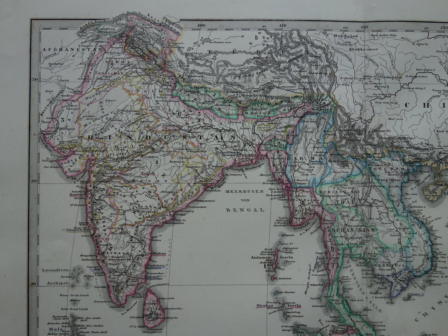 INDONESIË oude kaart van zuidoost Azië in 1876 originele antieke landkaart India Filipijnen Thailand Vietnam vintage poster