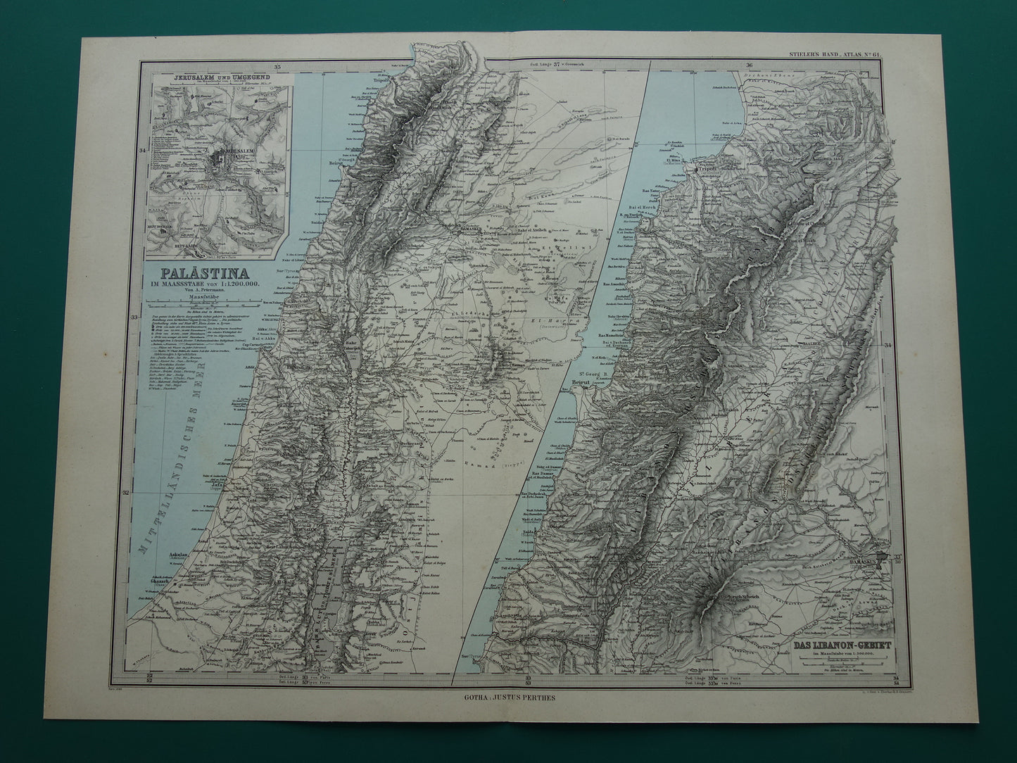 Oude kaart van Israël Libanon Palestina Syrië uit 1886 originele antieke landkaart Jeruzalem Damascus