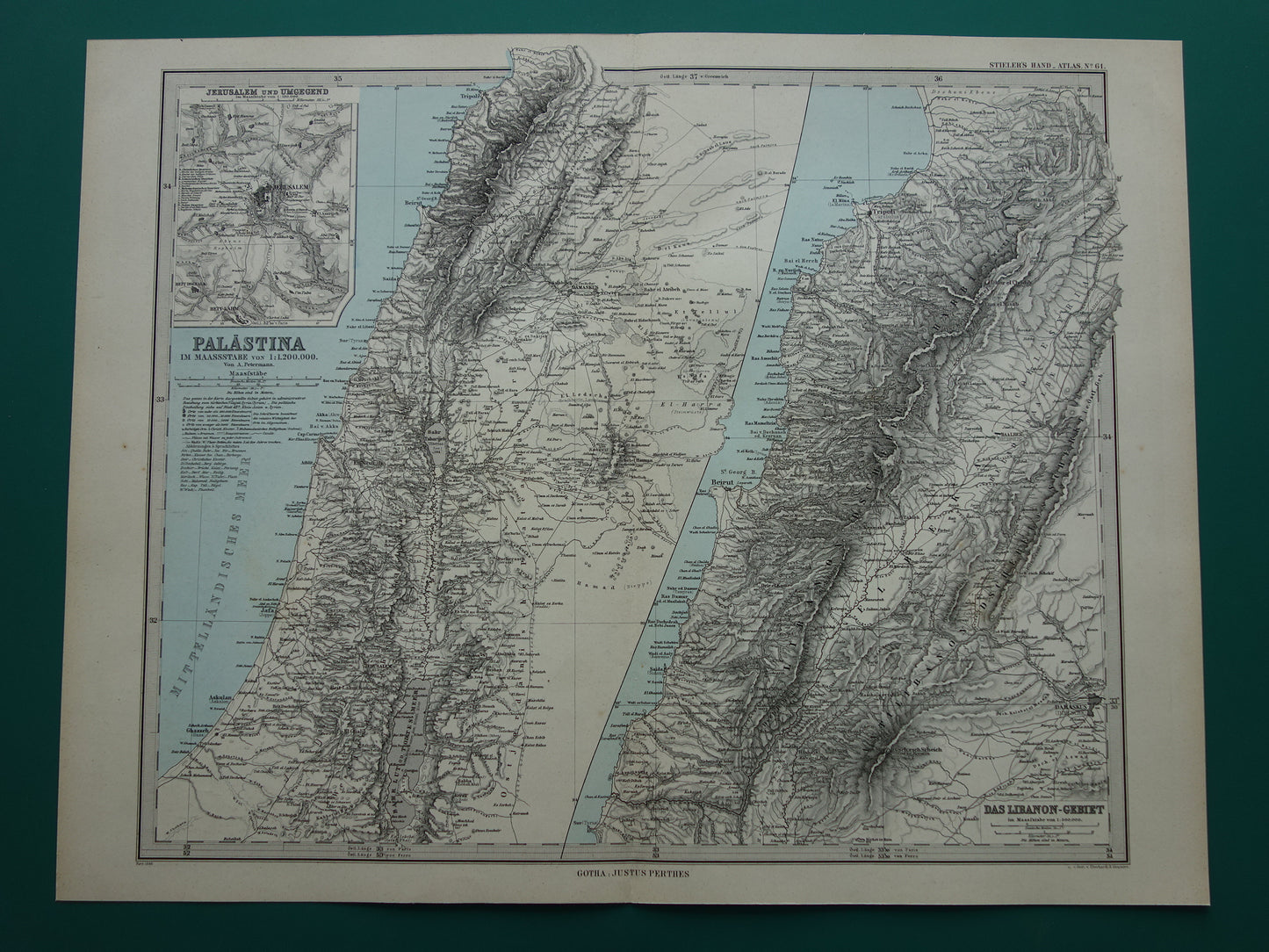 Oude kaart van Israël Libanon Palestina Syrië uit 1886 originele antieke landkaart Jeruzalem Damascus