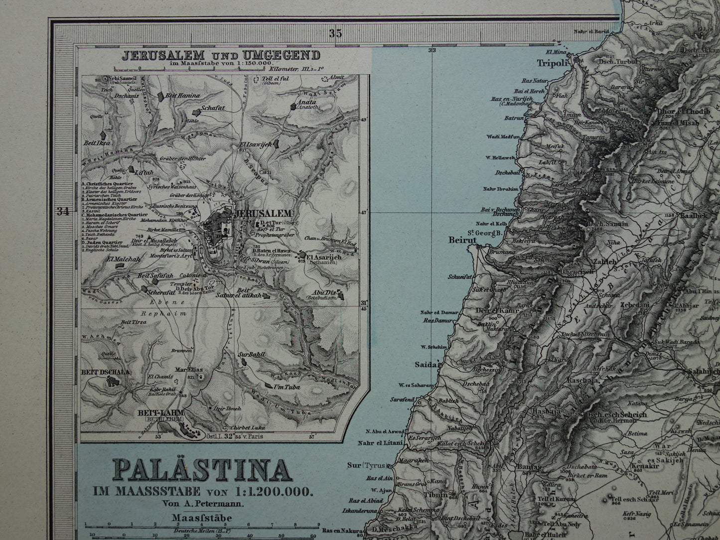 Oude kaart van Israël Libanon Palestina Syrië uit 1886 originele antieke landkaart Jeruzalem Damascus