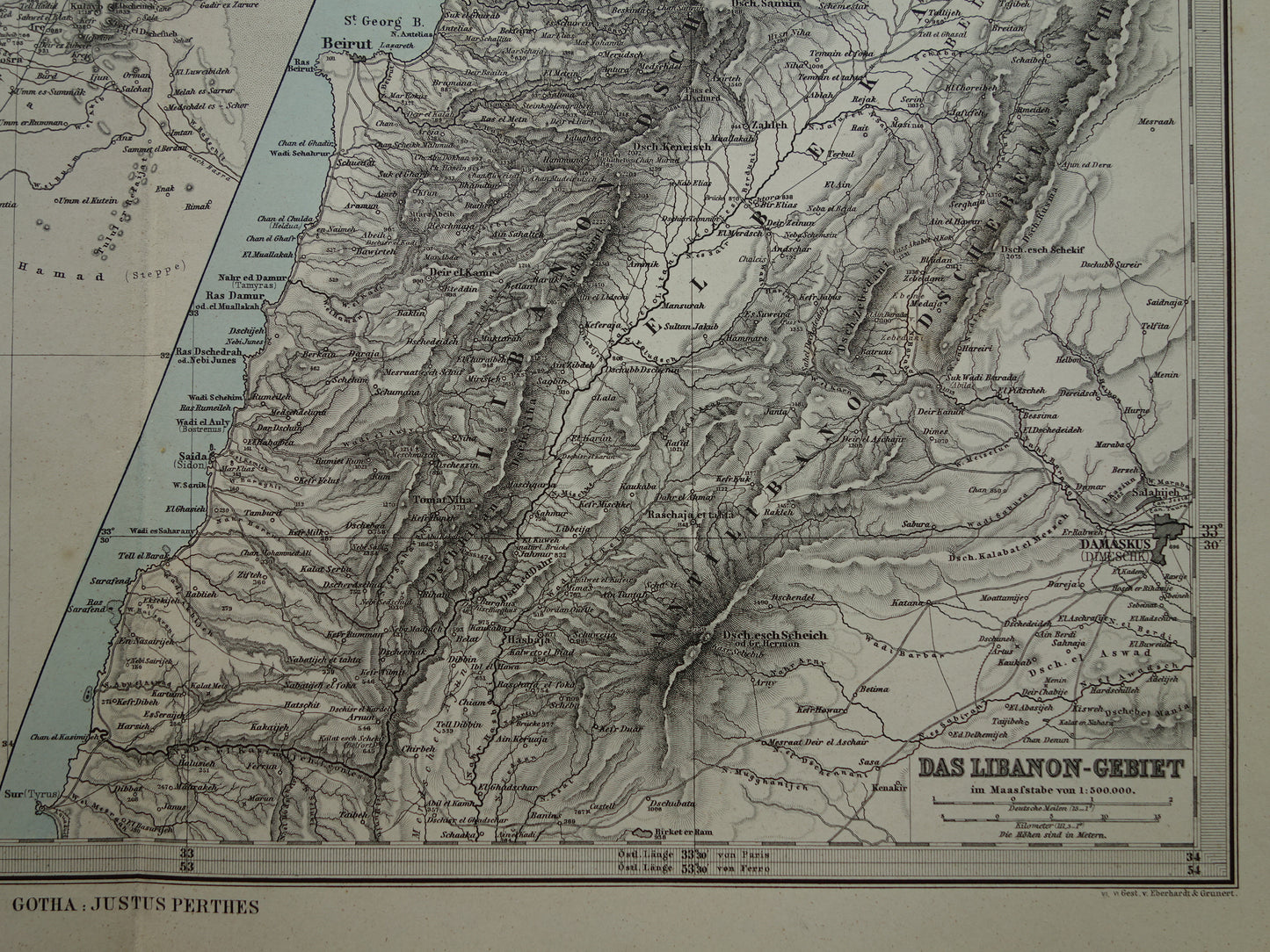 Oude kaart van Israël Libanon Palestina Syrië uit 1886 originele antieke landkaart Jeruzalem Damascus