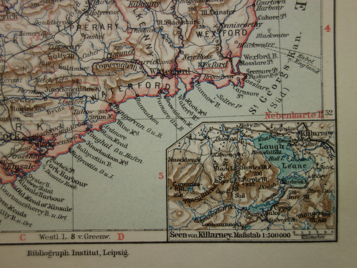 IRLAND alte Karte von Irland 1913 originale antike deutsche Landkarte von Dublin Killarney