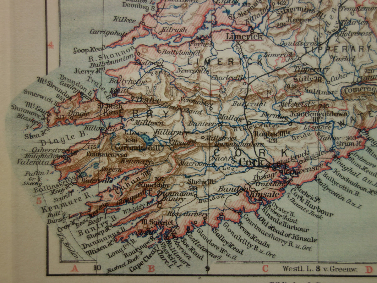 IRLAND alte Karte von Irland 1913 originale antike deutsche Landkarte von Dublin Killarney