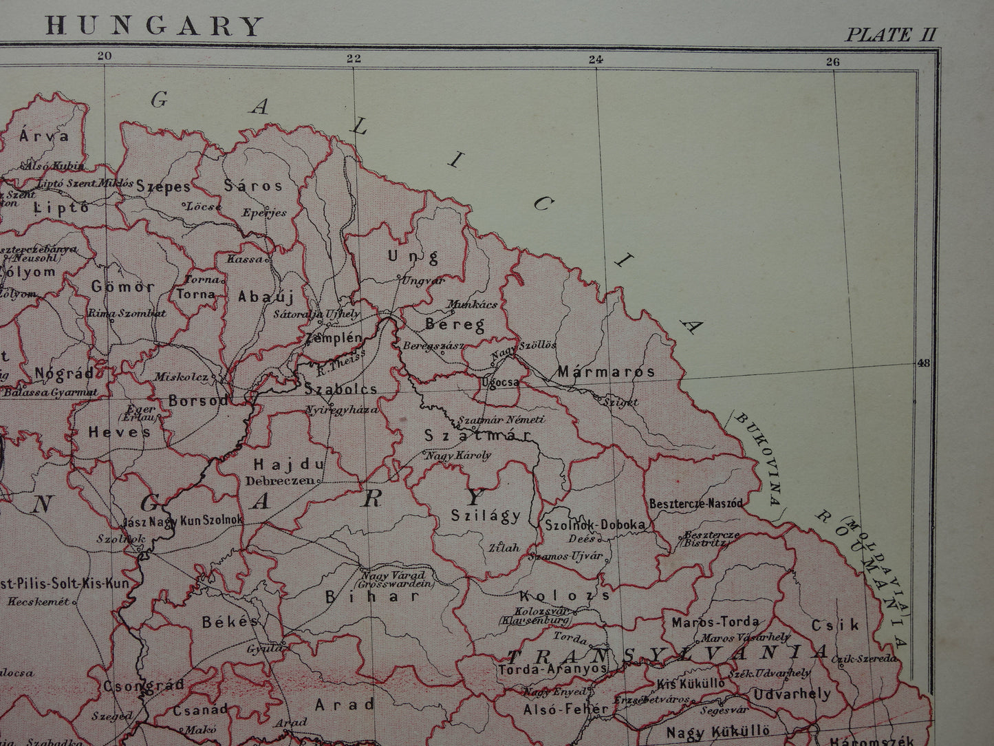 Hongarije oude kaart van Hongarije uit 1881 originele antieke Engelse landkaart