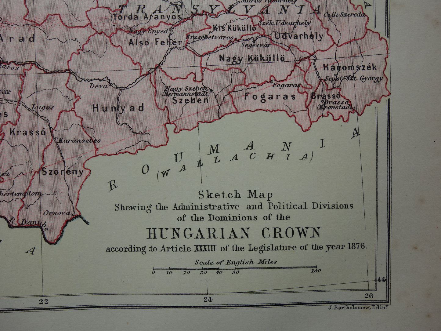 Hongarije oude kaart van Hongarije uit 1881 originele antieke Engelse landkaart
