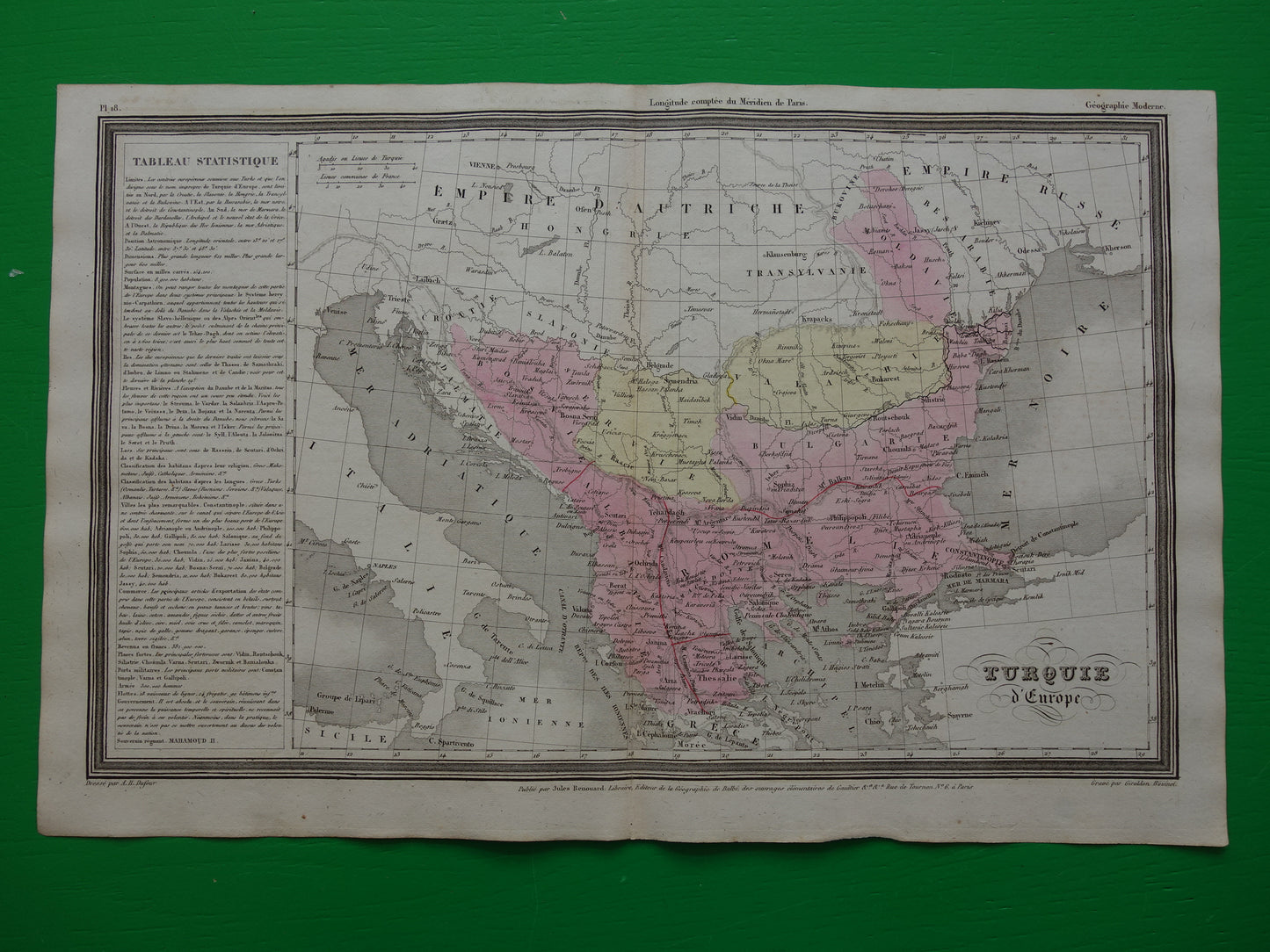 Antieke landkaart van de Balkan uit 1838 originele oude kaart Europees Turkije Bosnië Servië Roemenië Bulgarije Walachije