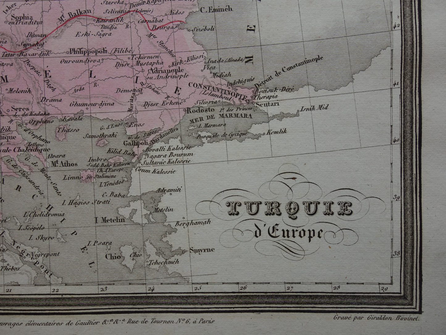 Antieke landkaart van de Balkan uit 1838 originele oude kaart Europees Turkije Bosnië Servië Roemenië Bulgarije Walachije