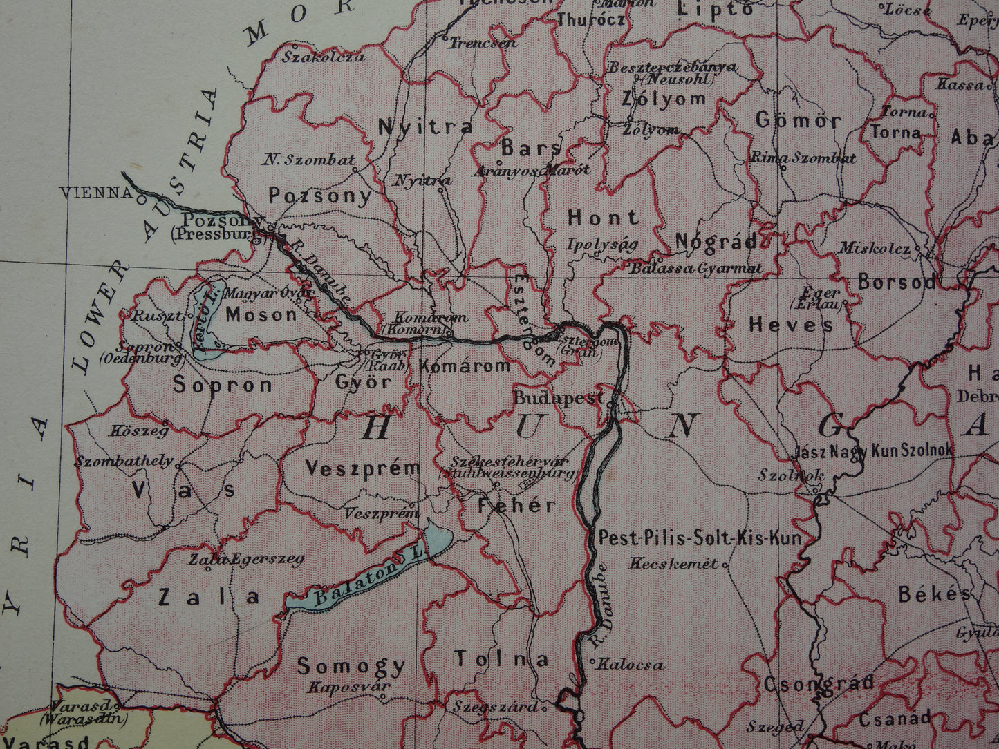 Hongarije oude kaart van Hongarije uit 1881 originele antieke Engelse landkaart
