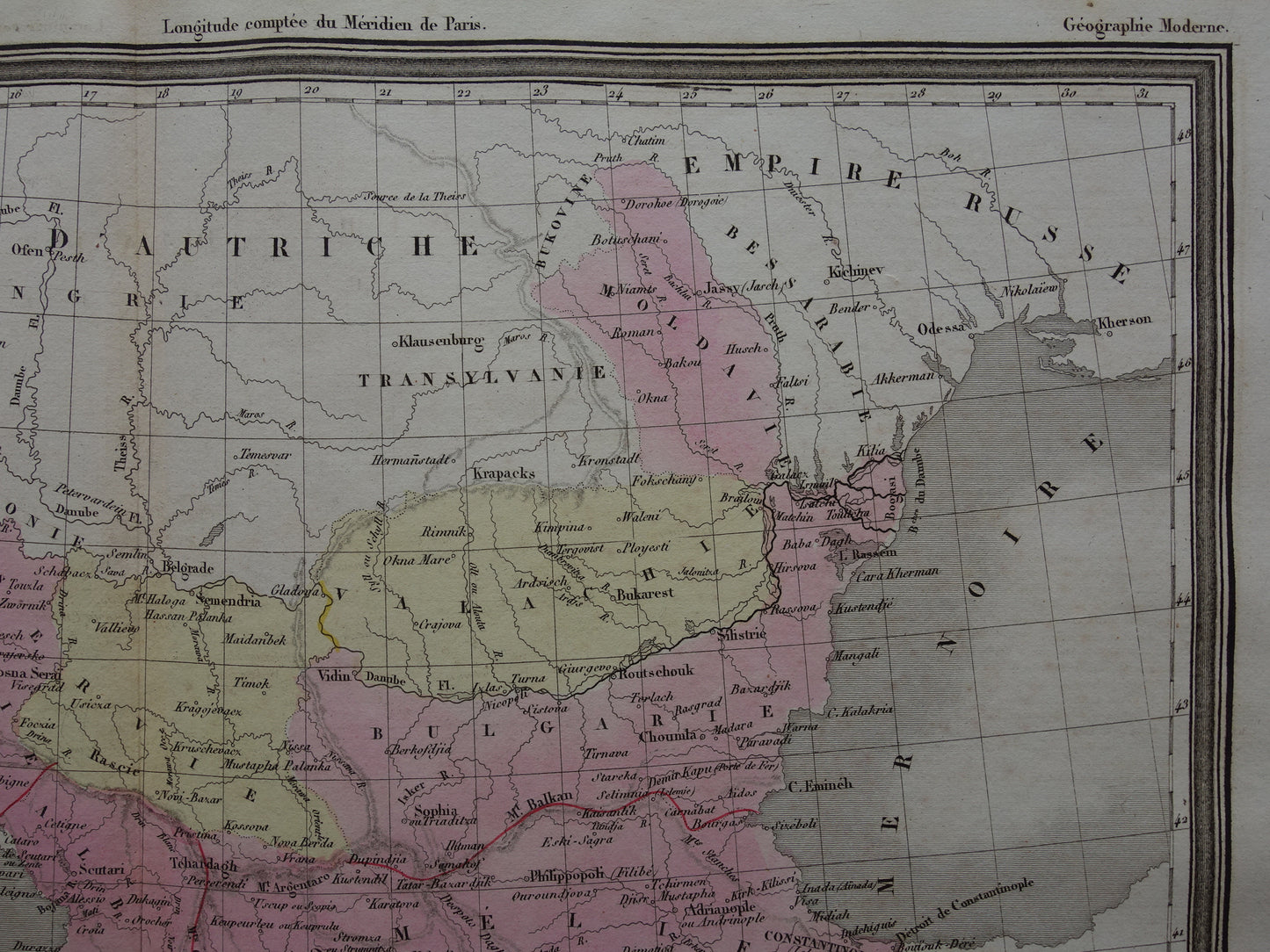 Antieke landkaart van de Balkan uit 1838 originele oude kaart Europees Turkije Bosnië Servië Roemenië Bulgarije Walachije