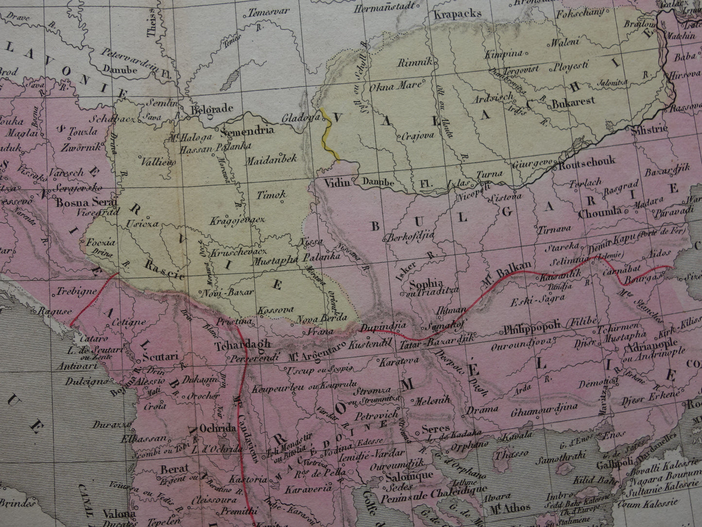 Antieke landkaart van de Balkan uit 1838 originele oude kaart Europees Turkije Bosnië Servië Roemenië Bulgarije Walachije