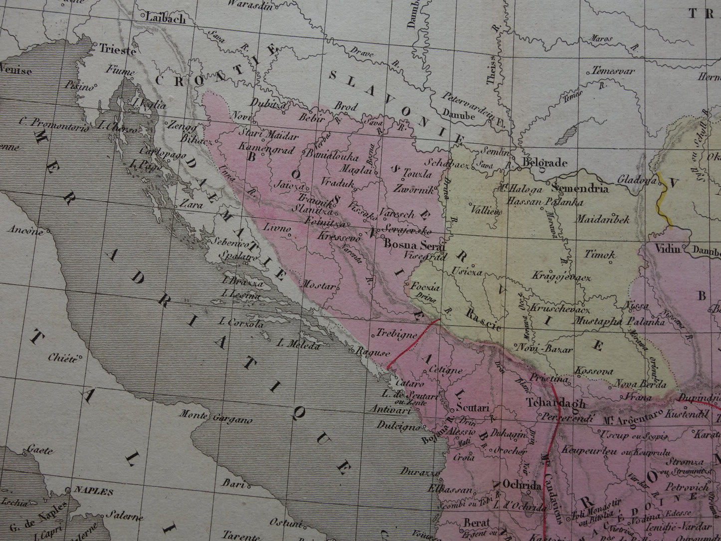 Antieke landkaart van de Balkan uit 1838 originele oude kaart Europees Turkije Bosnië Servië Roemenië Bulgarije Walachije