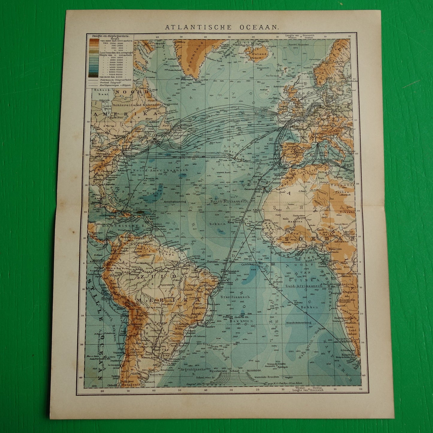 Oude kaart van de Atlantische Oceaan Originele 115+ jaar oude antieke Nederlandse landkaart